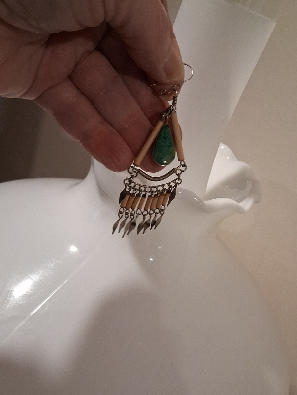 Green Teardrop Dangle Earrings with Tan Bead Accents